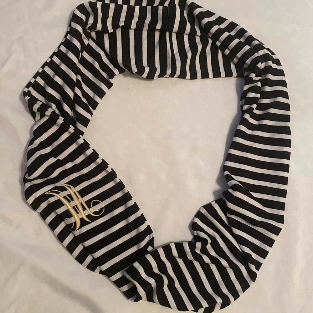 “M” Initial Black and White Striped Infinity Scarf, OS